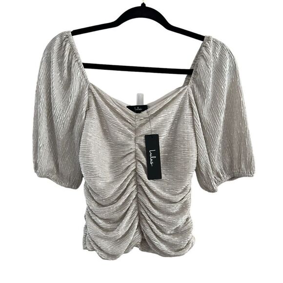 Lulus Bright Future Ahead‎ Metallic Silver Ruched Puff Sleeve Top Size S NEW - Picture 1 of 6